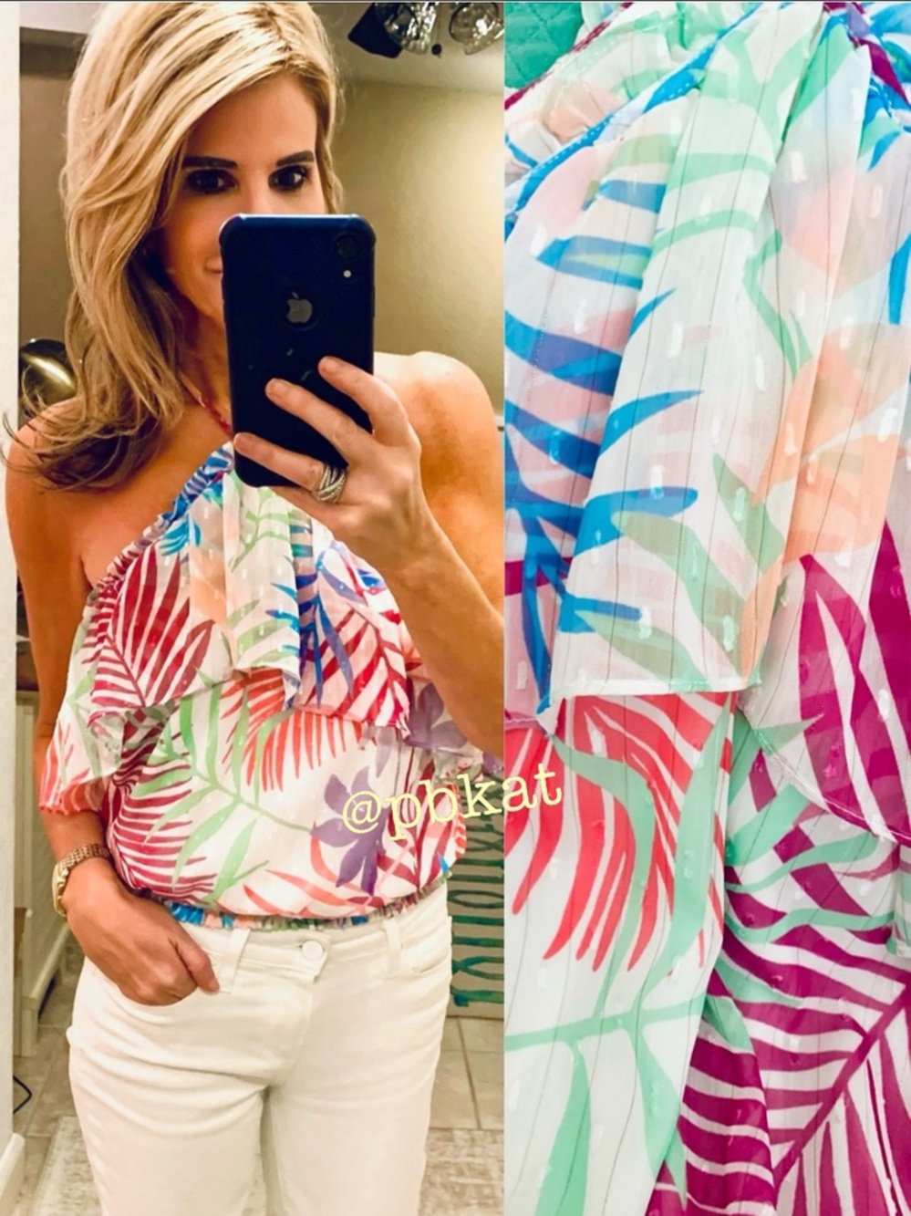 Ramy Brook Tropical Palm Ruffle Spaghetti strap Halter Top - Multicolor